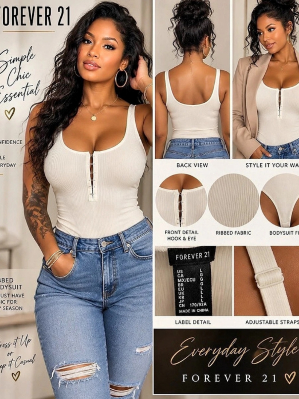 Forever 21 Ribbed Hook-and-Eye Bodysuit Cream Large